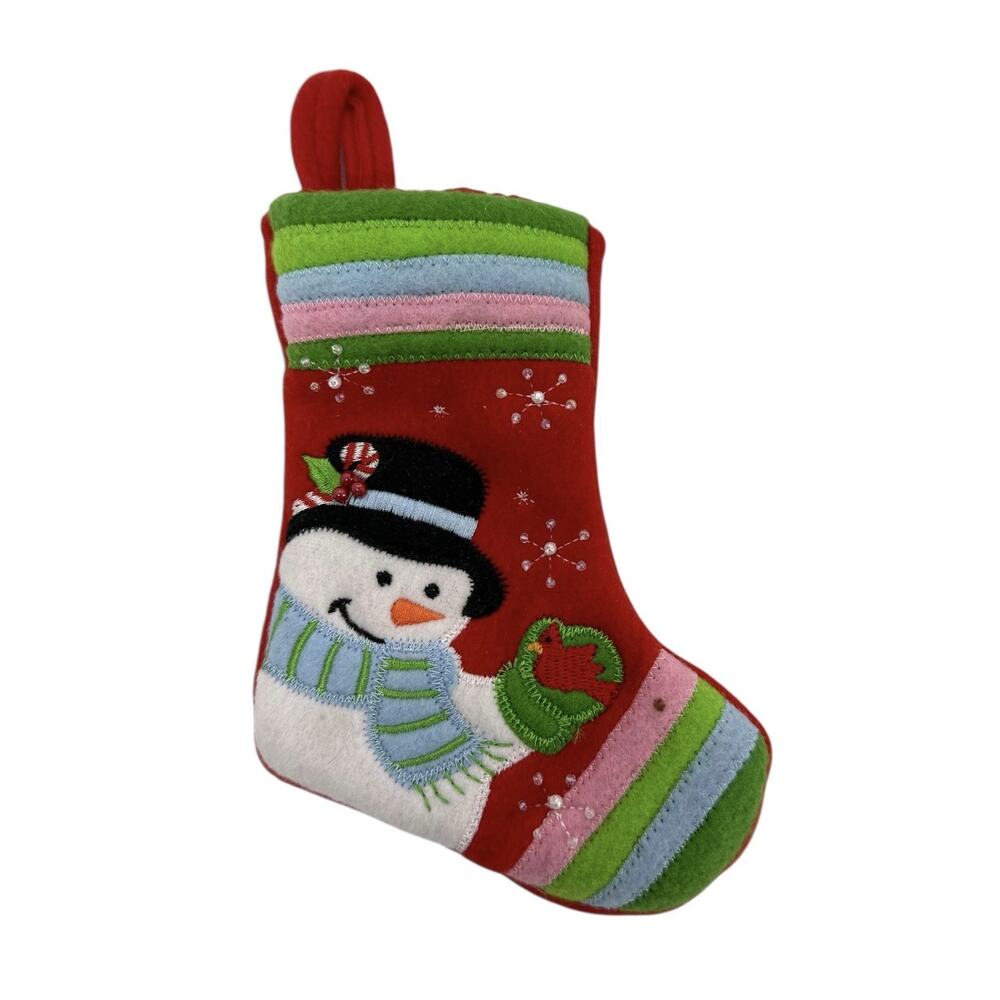 Vintage 7” Snowman Themed Stocking Red Cardinal Appliqués Stitching Sequins XMAS